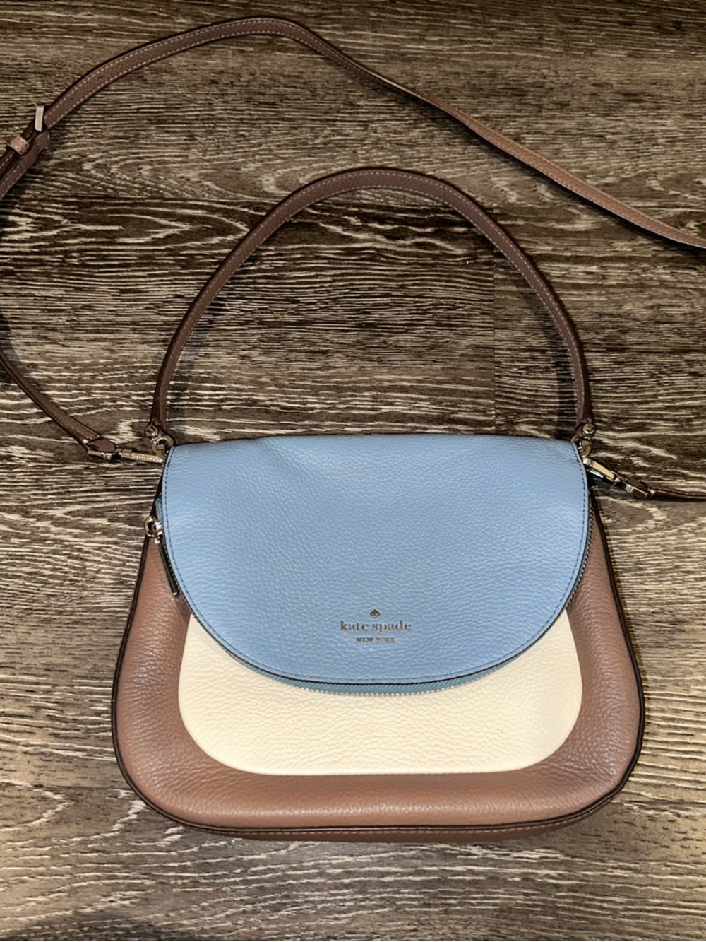 kate spade Pebbled Tricolor Saddle Crossbody — Brown, Cream & Light Blue - Picture 9 of 12